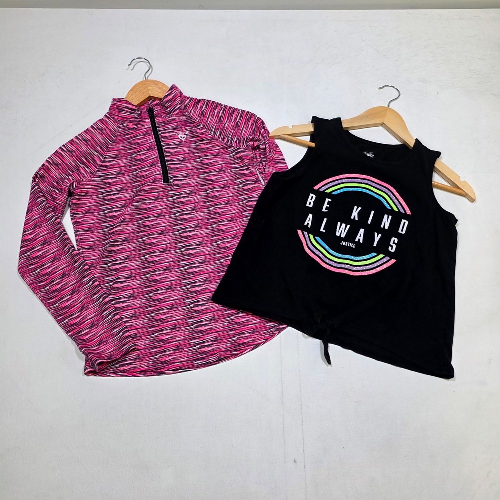 Justice Tops Girls 10 12/14 Pink Black Quarter Zip Pullover Graphic Tank Lot 2pc